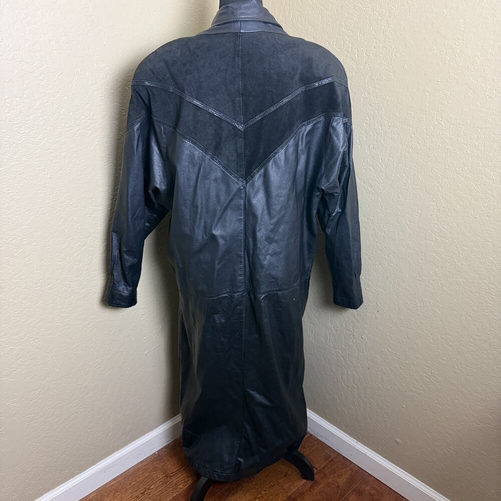 Vintage 90s G-III Black Leather Trench Coat Women’s L Maxi Suede Western